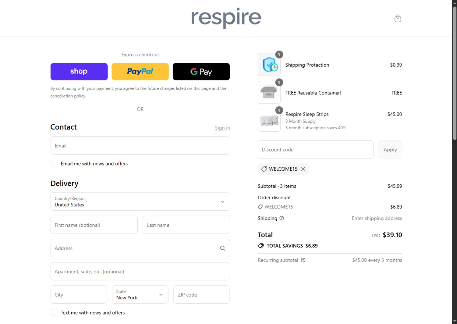 Respire US promo code screenshot showing code WELCOME15 applied at Respire US checkout page. Uploaded by SimplyCodes community member GoldPhoenix3793 on Sep 12, 2025