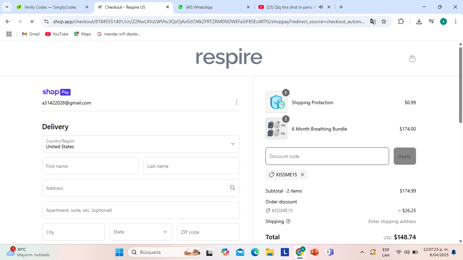 Respire US promo code screenshot showing code KISSME15 applied at Respire US checkout page. Uploaded by SimplyCodes community member CarlOz on Apr 8, 2025