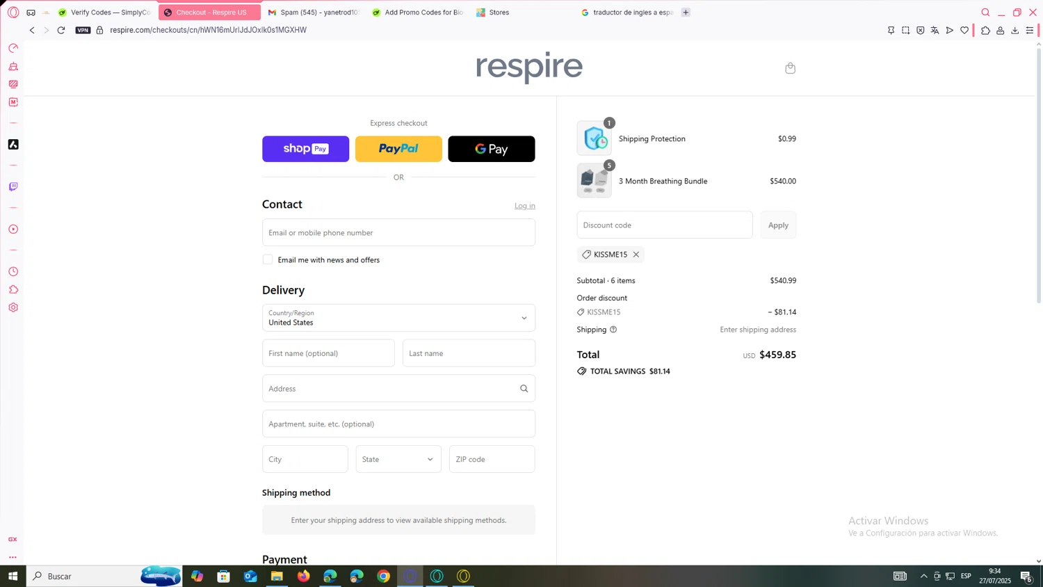 Respire US promo code screenshot showing code KISSME15 applied at Respire US checkout page. Uploaded by SimplyCodes community member yanetrod on Jul 27, 2025