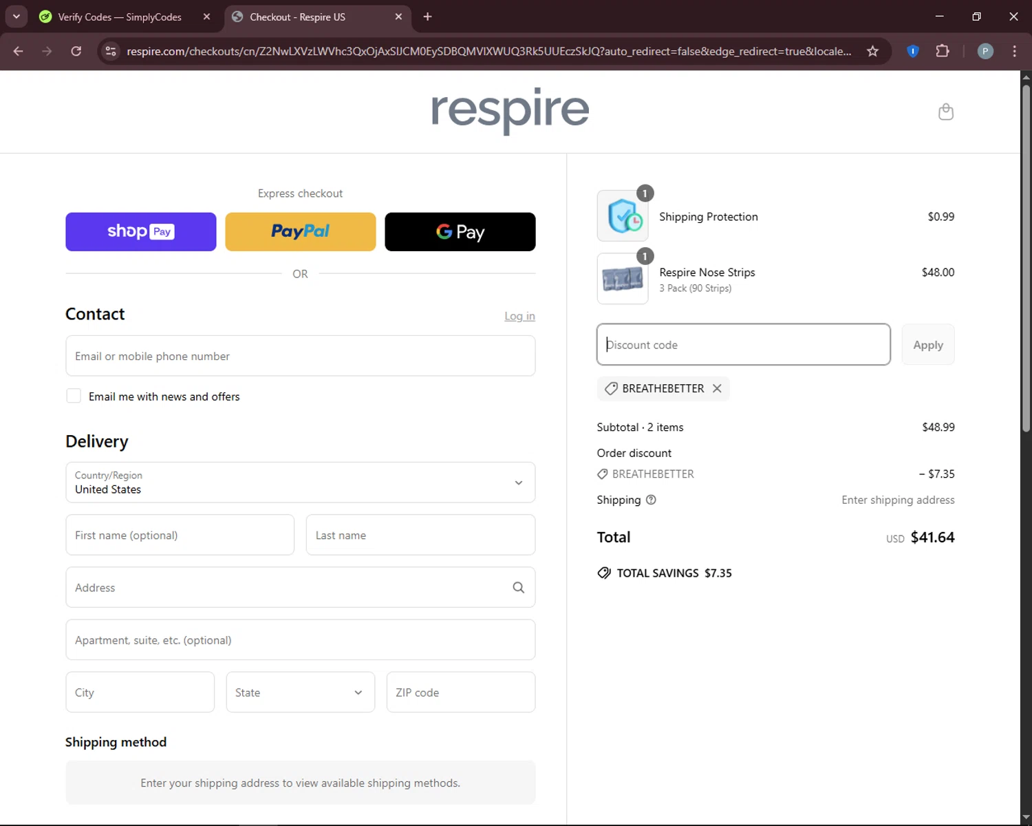Respire US promo code screenshot showing code BREATHEBETTER applied at Respire US checkout page. Uploaded by SimplyCodes community member DiscountEagle6247 on Apr 8, 2025