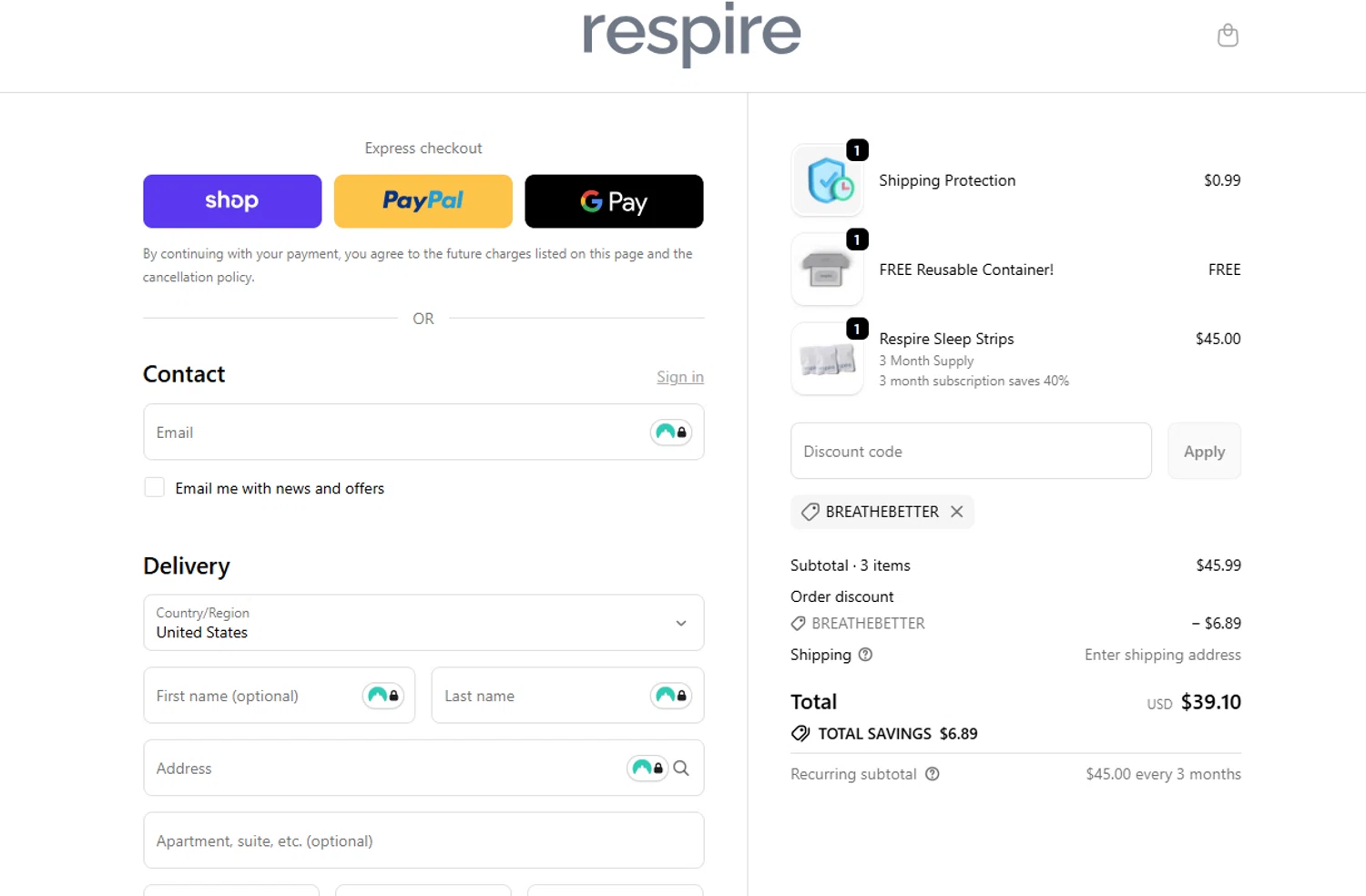 Respire US promo code screenshot showing code BREATHEBETTER applied at Respire US checkout page. Uploaded by SimplyCodes community member alexbrown on Nov 14, 2025