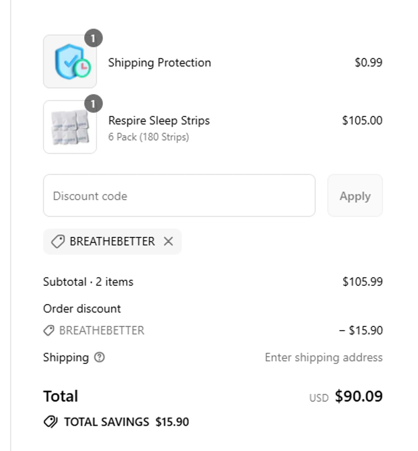 Respire US promo code screenshot showing code BREATHEBETTER applied at Respire US checkout page. Uploaded by SimplyCodes community member ericramirez on Jul 14, 2025