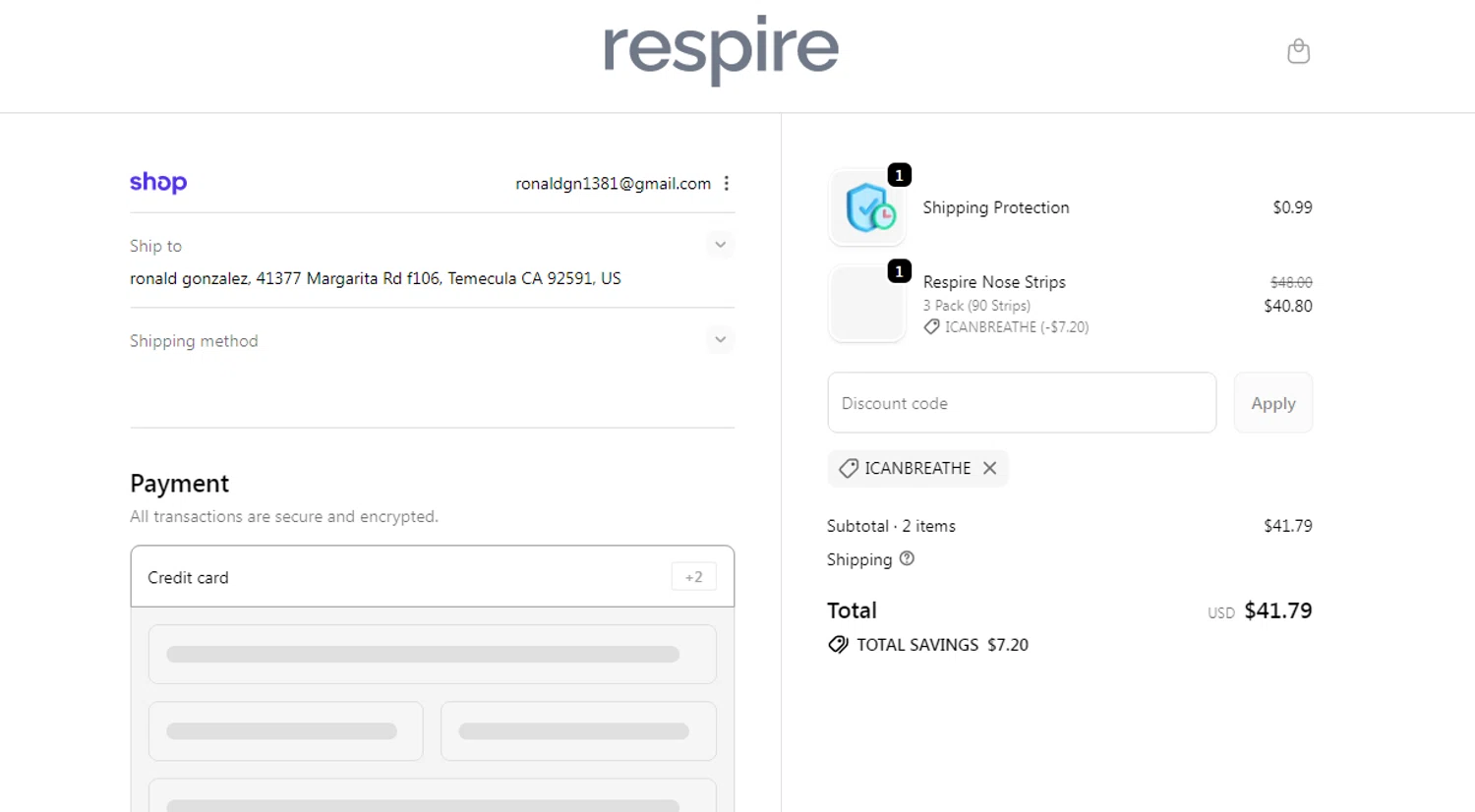 Respire US promo code screenshot showing code ICANBREATHE applied at Respire US checkout page. Uploaded by SimplyCodes community member SmartSaver7916 on Oct 11, 2025