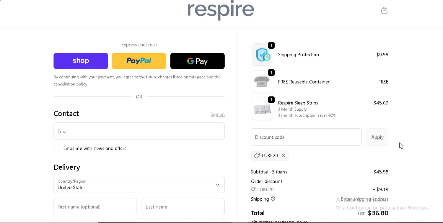 Respire US checkout page showing Respire US promo code box | Screenshot taken by SimplyCodes community member on Feb 18, 2026