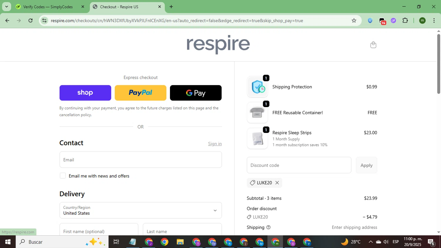 Respire US promo code screenshot showing code LUKE20 applied at Respire US checkout page. Uploaded by SimplyCodes community member CoinSage7057 on Sep 21, 2025