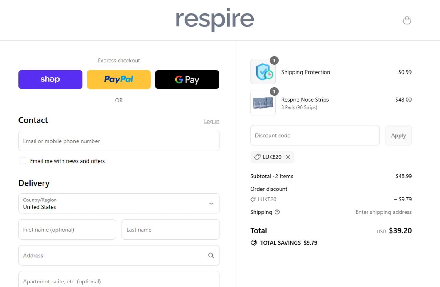 Respire US promo code screenshot showing code LUKE20 applied at Respire US checkout page. Uploaded by SimplyCodes community member SavvyCurator5307 on Aug 30, 2025