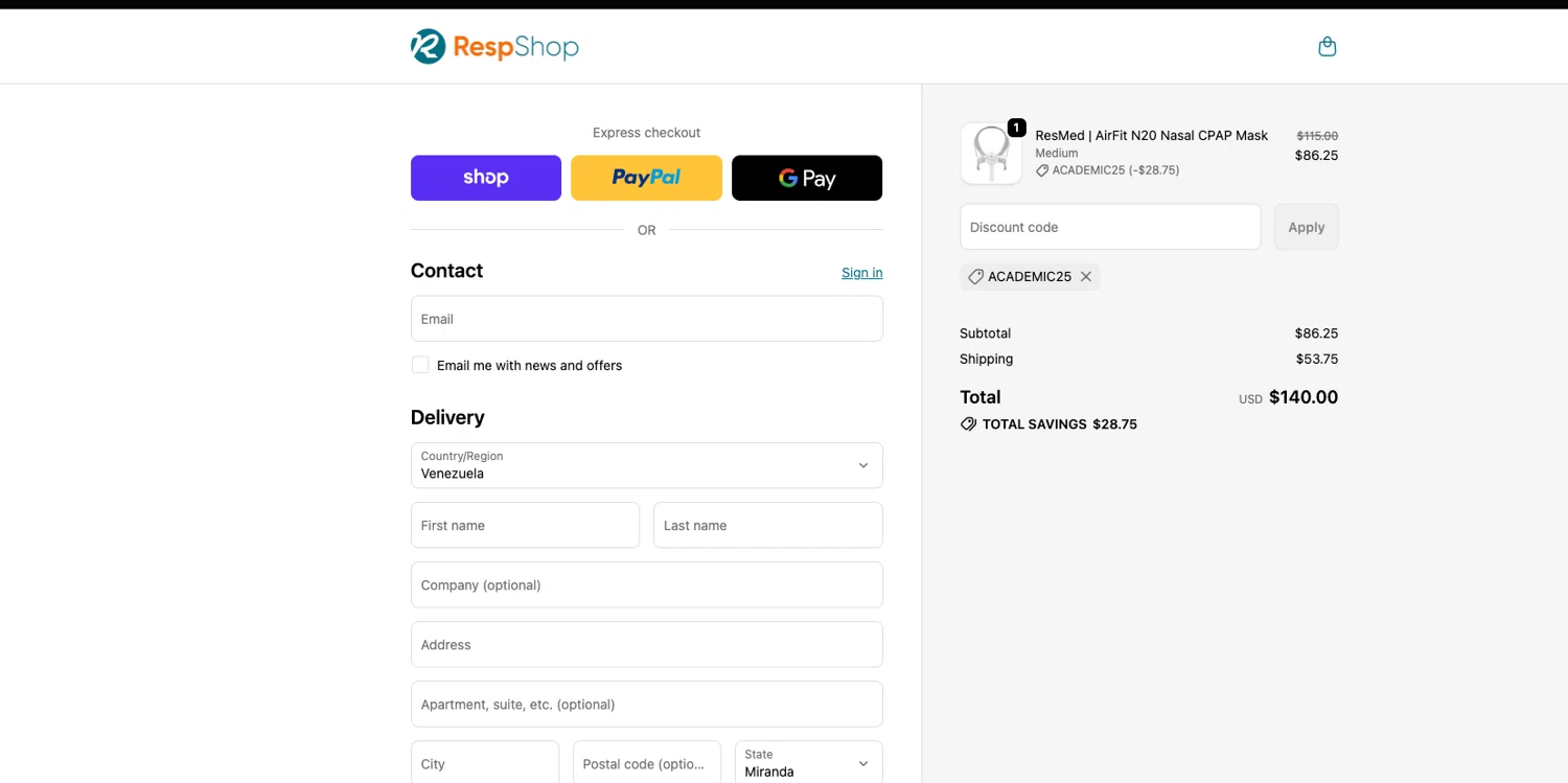Respshop promo code screenshot showing code ACADEMIC25 applied at Respshop checkout page. Uploaded by SimplyCodes community member ELOIN777 on Jun 11, 2026