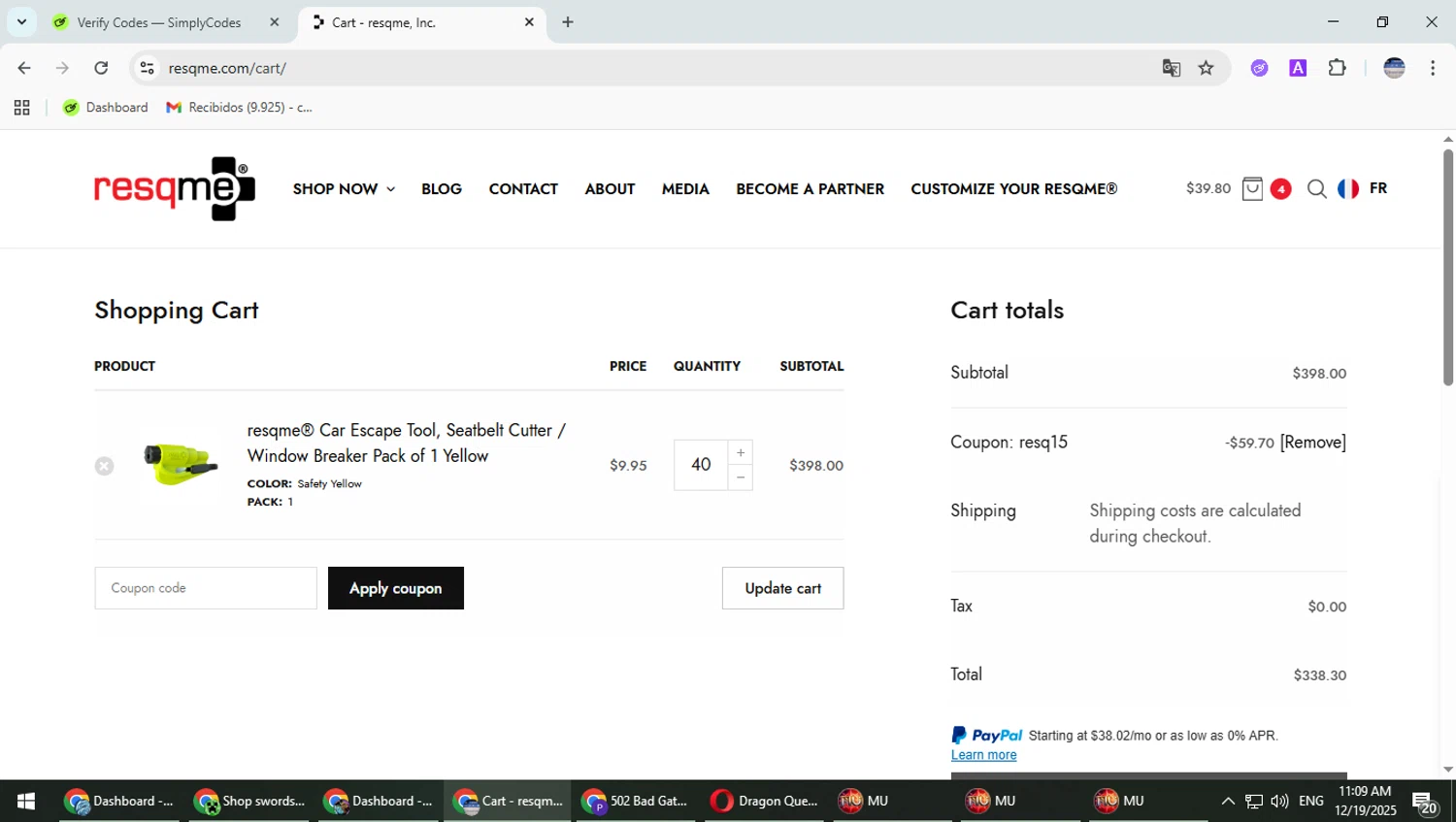 Resqme promo code screenshot showing code resq15 applied at Resqme checkout page. Uploaded by SimplyCodes community member TrevorPhilips on Dec 19, 2025