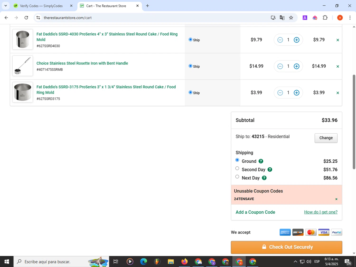 The Restaurant Store coupon code screenshot showing code 24TENSAVE applied at The Restaurant Store checkout page. Uploaded by SimplyCodes community member partenalgas on Apr 5, 2025