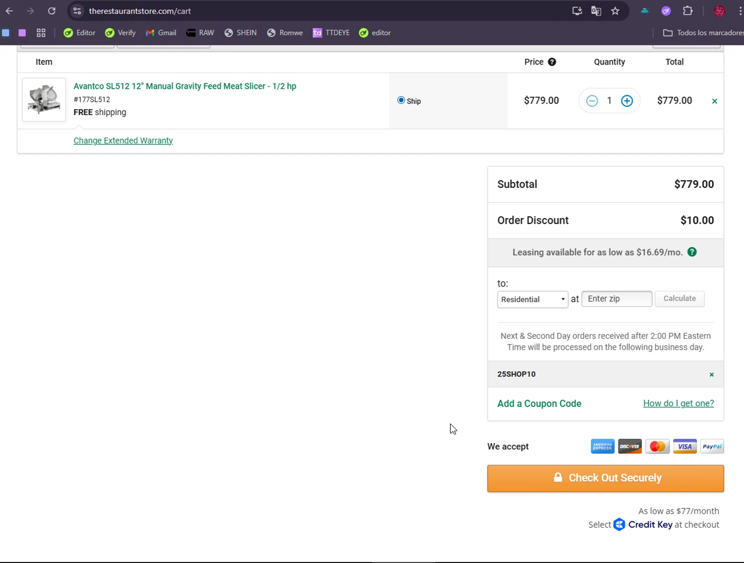 The Restaurant Store coupon code screenshot showing code 25SHOP10 applied at The Restaurant Store checkout page. Uploaded by SimplyCodes community member Hyupat on Sep 10, 2025