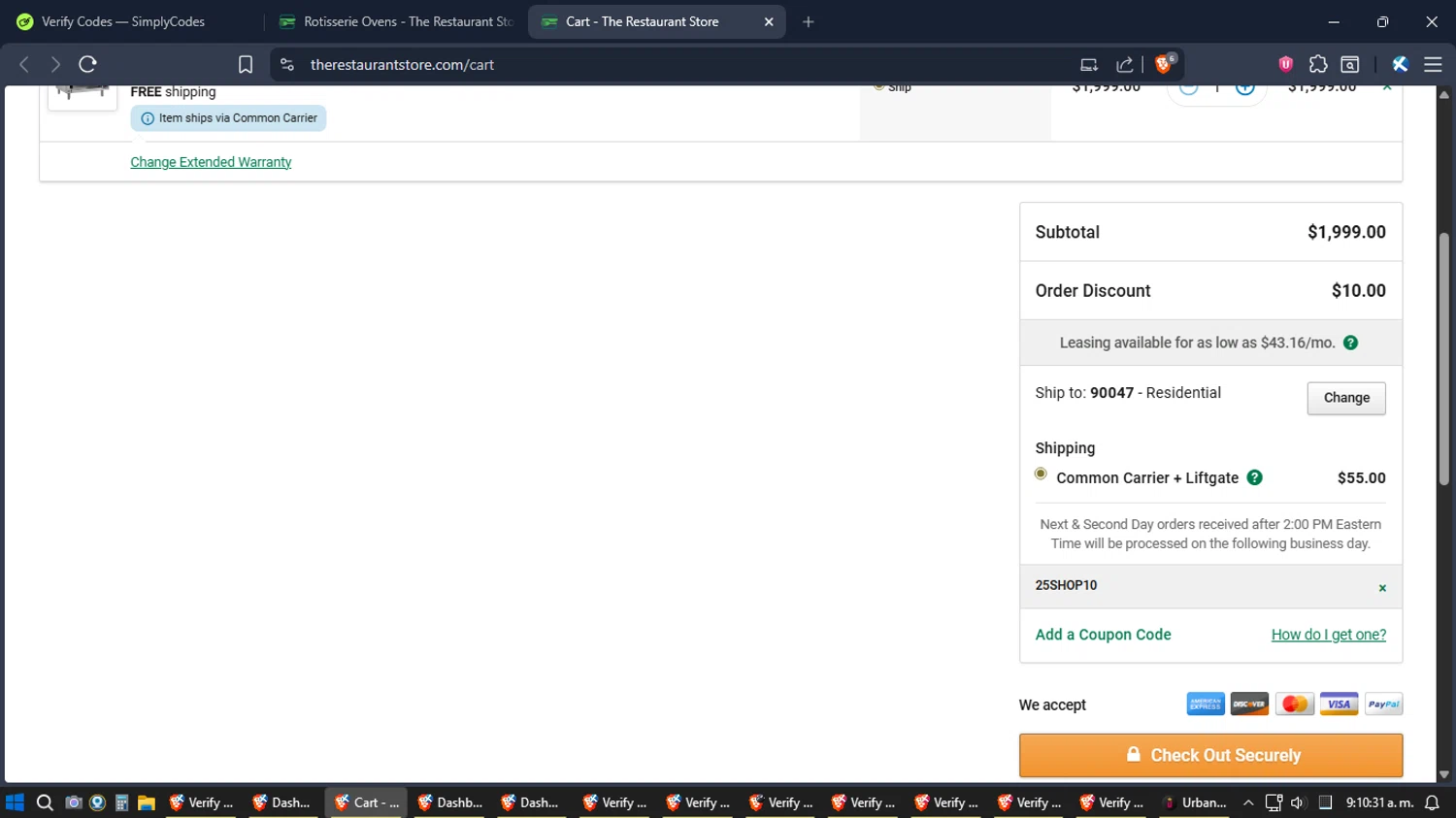 The Restaurant Store coupon code screenshot showing code 25SHOP10 applied at The Restaurant Store checkout page. Uploaded by SimplyCodes community member Jgomez on Dec 13, 2025