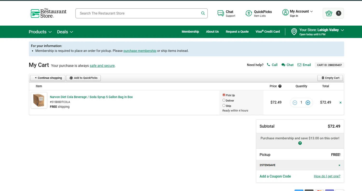 The Restaurant Store checkout page showing The Restaurant Store coupon code box | Screenshot taken by SimplyCodes community member on Jan 16, 2026