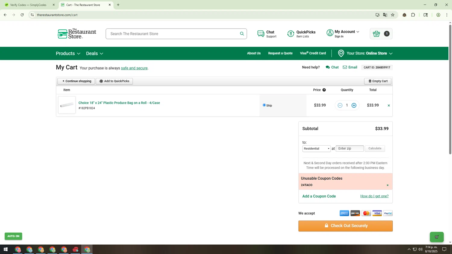 The Restaurant Store coupon code screenshot showing code 24TACO applied at The Restaurant Store checkout page. Uploaded by SimplyCodes community member 000000ooooooooooo on Oct 8, 2025