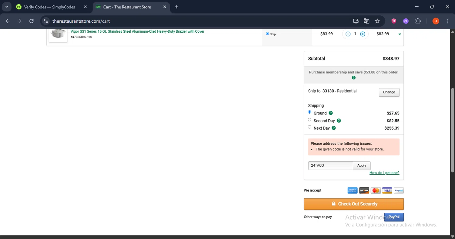 The Restaurant Store coupon code screenshot showing code 24TACO applied at The Restaurant Store checkout page. Uploaded by SimplyCodes community member SilverRanger658 on Oct 9, 2025