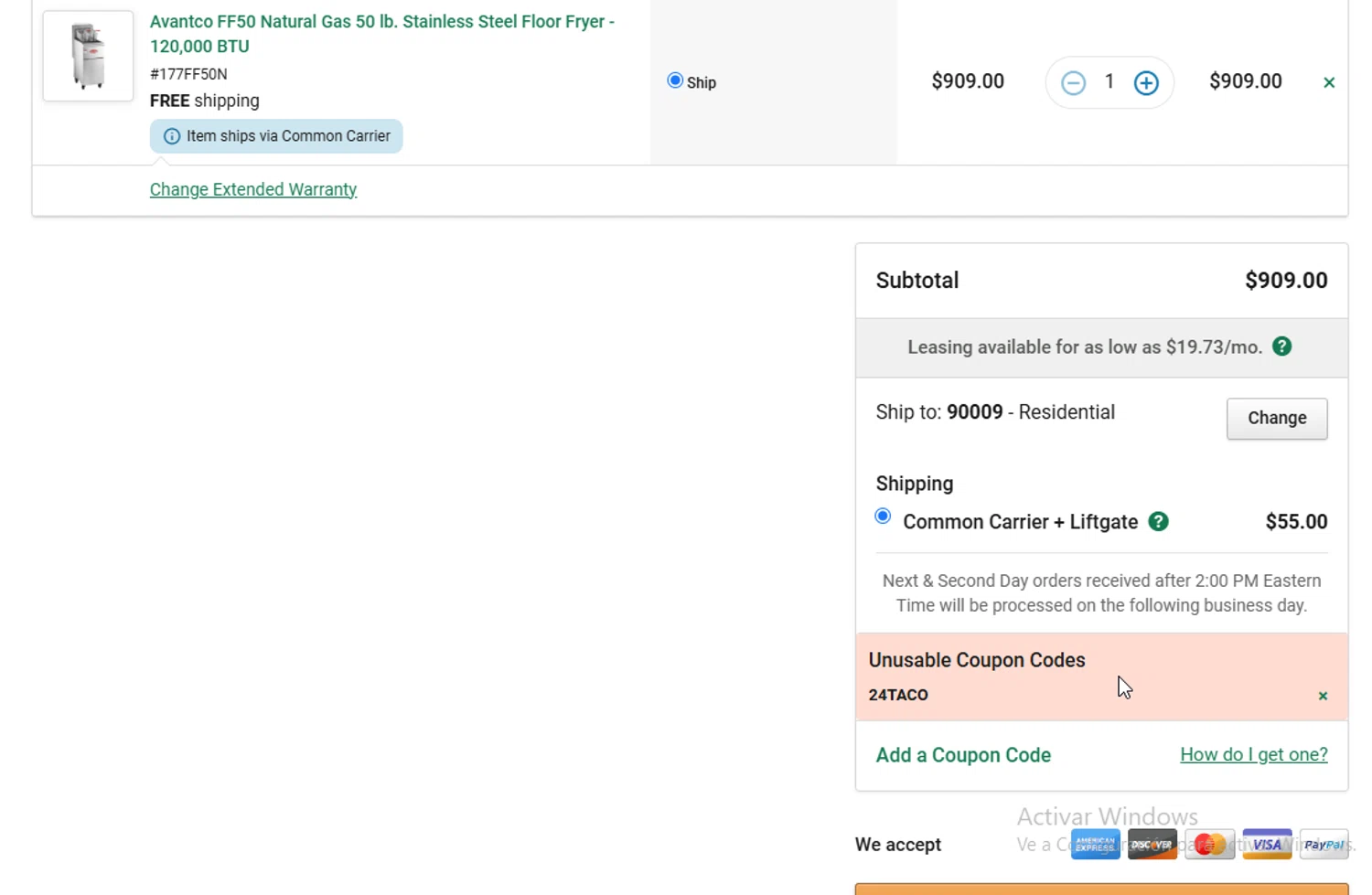 The Restaurant Store coupon code screenshot showing code 24TACO applied at The Restaurant Store checkout page. Uploaded by SimplyCodes community member WonderW on Oct 9, 2025