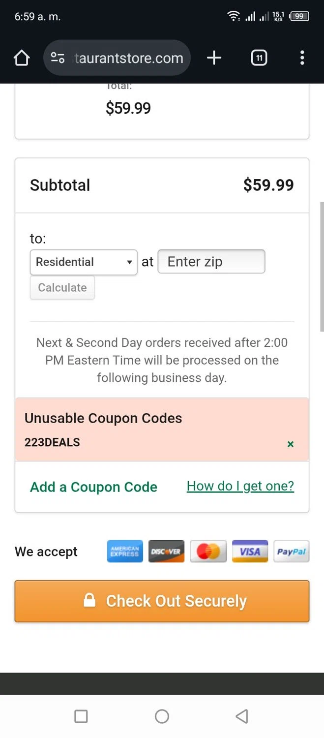 The Restaurant Store coupon code screenshot showing code 223DEALS applied at The Restaurant Store checkout page. Uploaded by SimplyCodes community member Miggy2024 on Sep 25, 2025