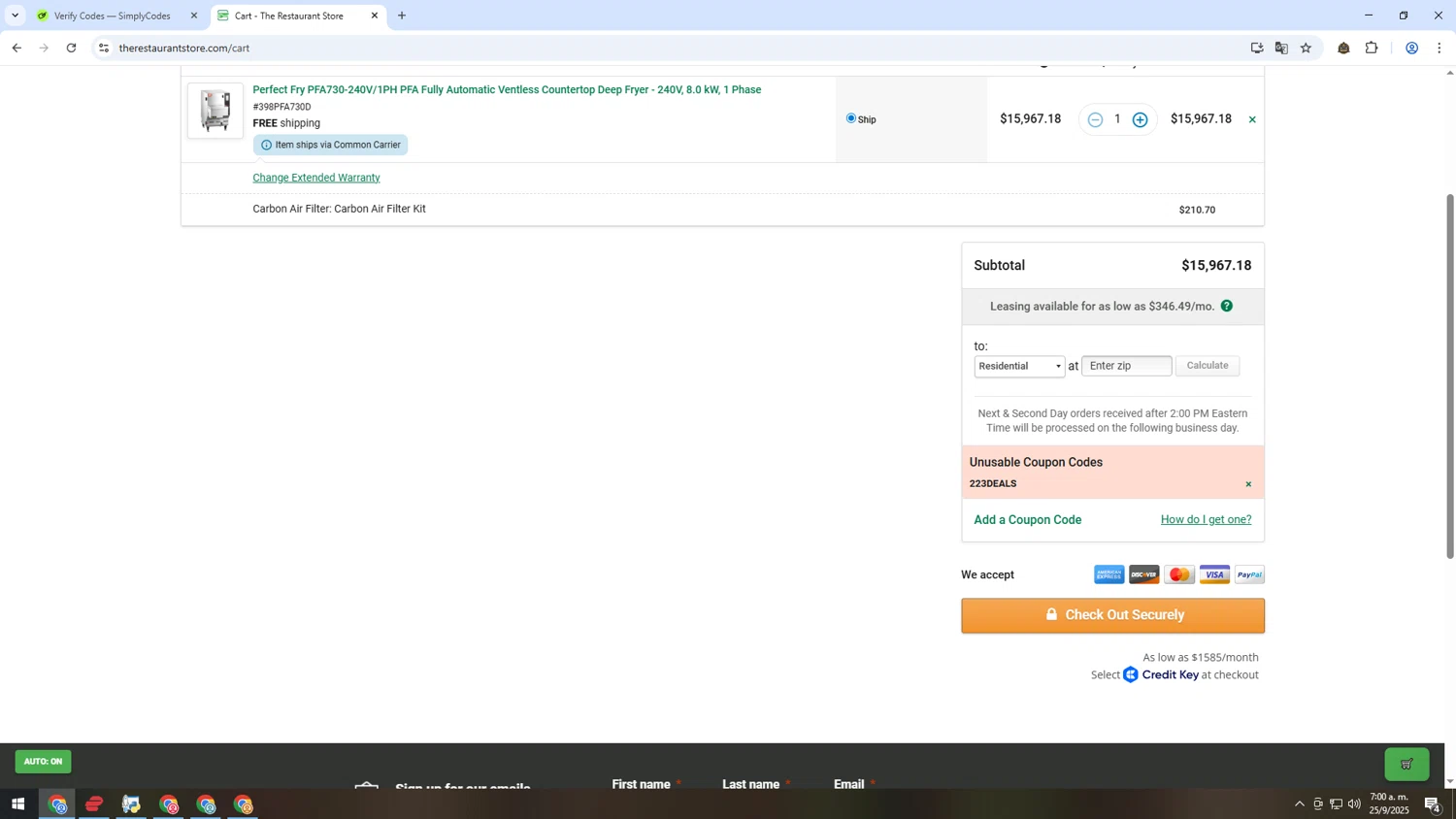 The Restaurant Store coupon code screenshot showing code 223DEALS applied at The Restaurant Store checkout page. Uploaded by SimplyCodes community member HUMANIZER on Sep 25, 2025