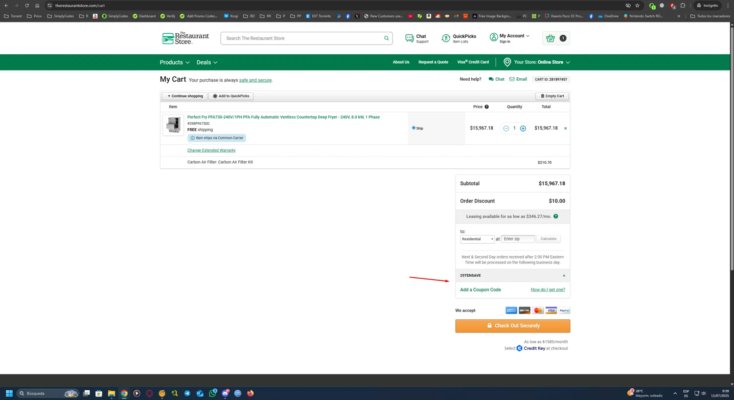 The Restaurant Store coupon code screenshot showing code 25TENSAVE applied at The Restaurant Store checkout page. Uploaded by SimplyCodes community member UnkNownVnzla on Jul 11, 2025