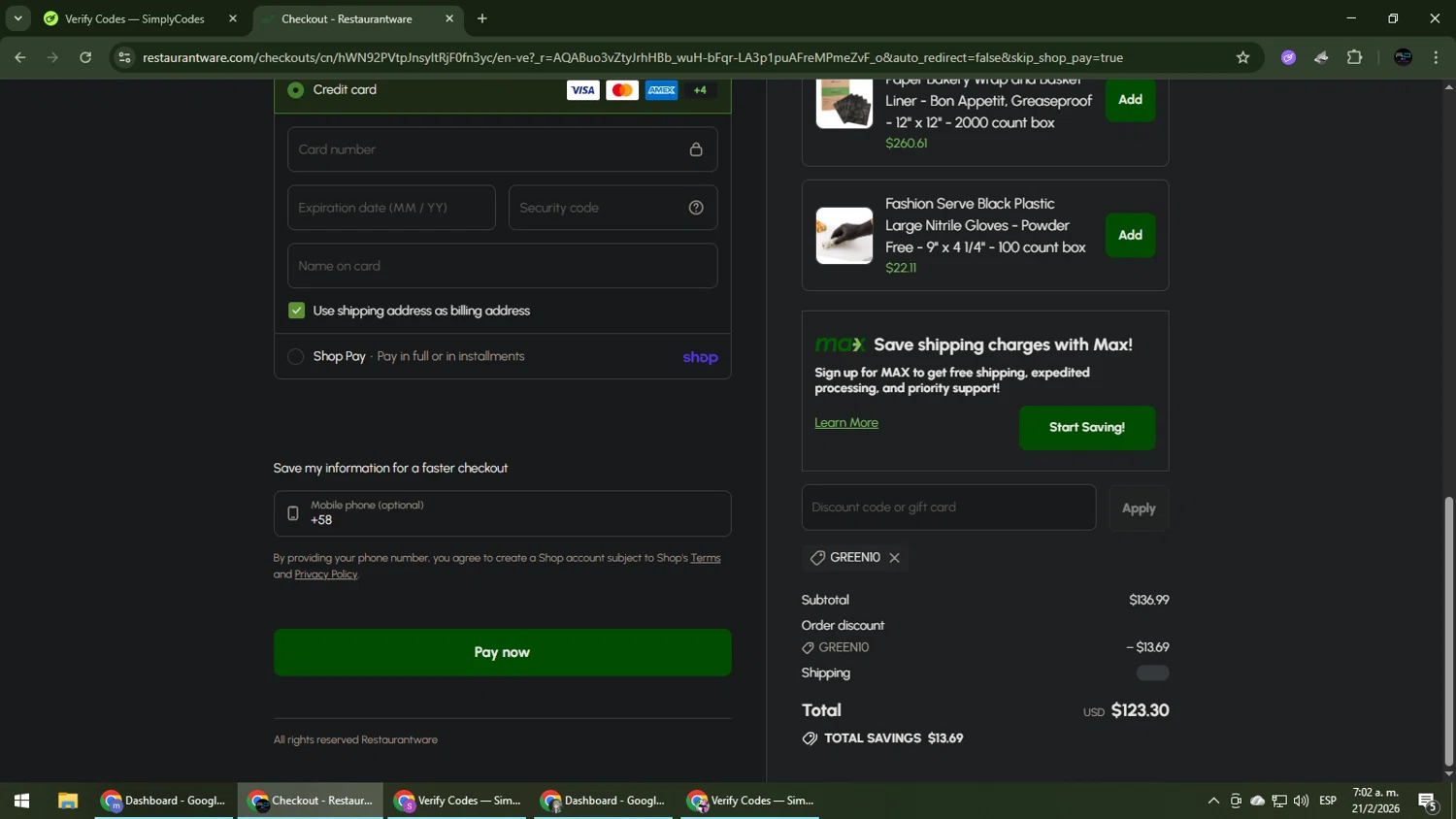 Restaurantware promo code screenshot showing code green10 applied at Restaurantware checkout page. Uploaded by SimplyCodes community member CarmenVGR on Feb 21, 2026