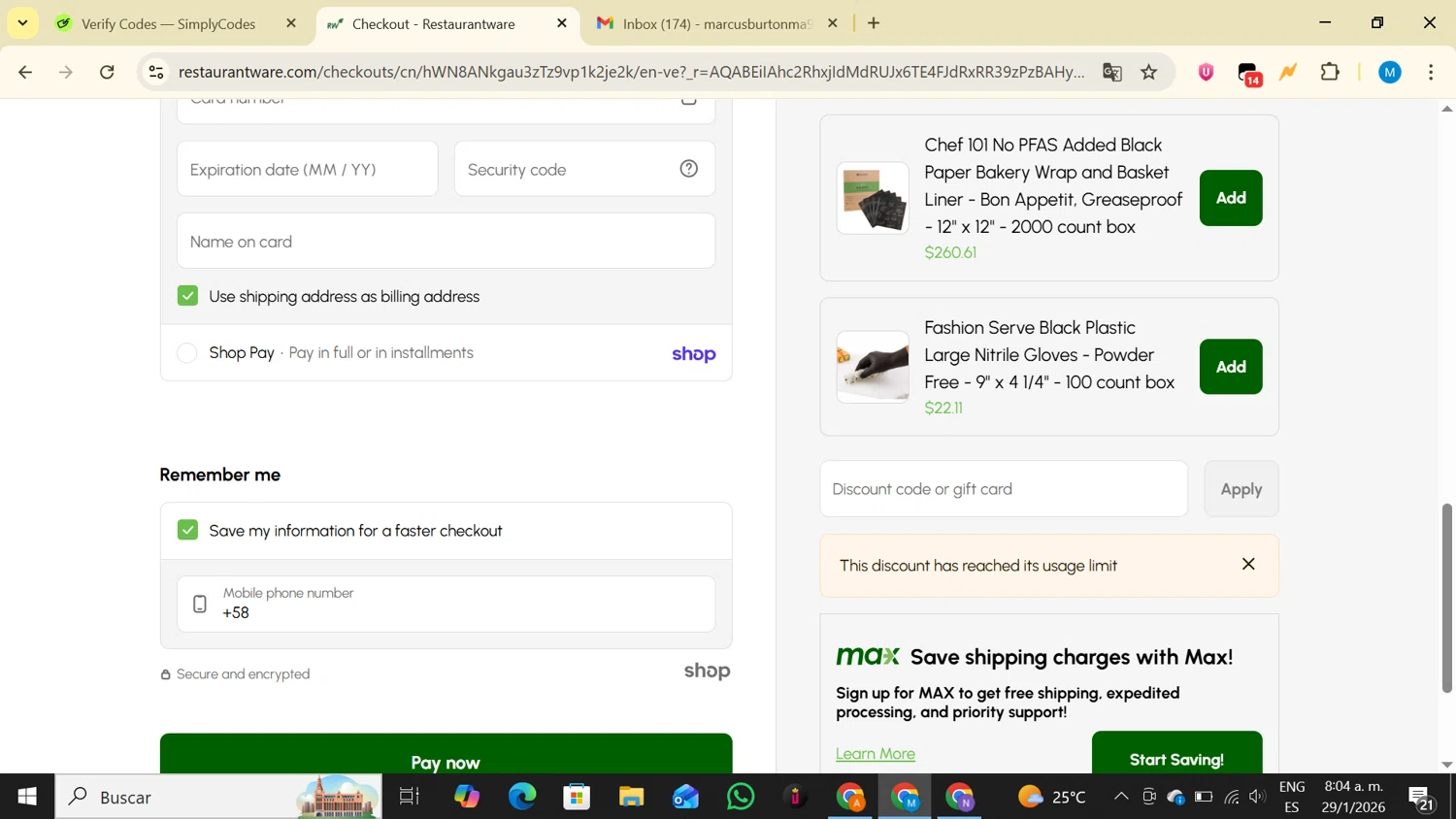 Restaurantware promo code screenshot showing code ADBPT applied at Restaurantware checkout page. Uploaded by SimplyCodes community member LegendaryAce4371 on Jan 29, 2026