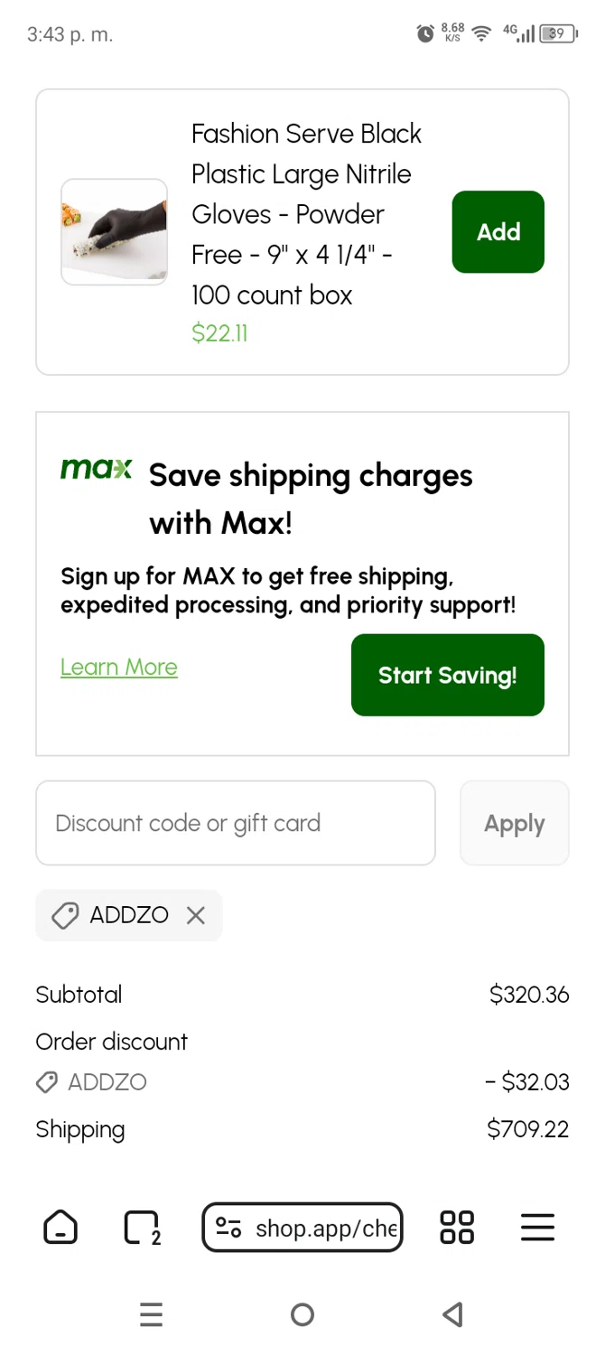 Restaurantware promo code screenshot showing code ADDZO applied at Restaurantware checkout page. Uploaded by SimplyCodes community member AnthonyGuapeton94 on Feb 9, 2026