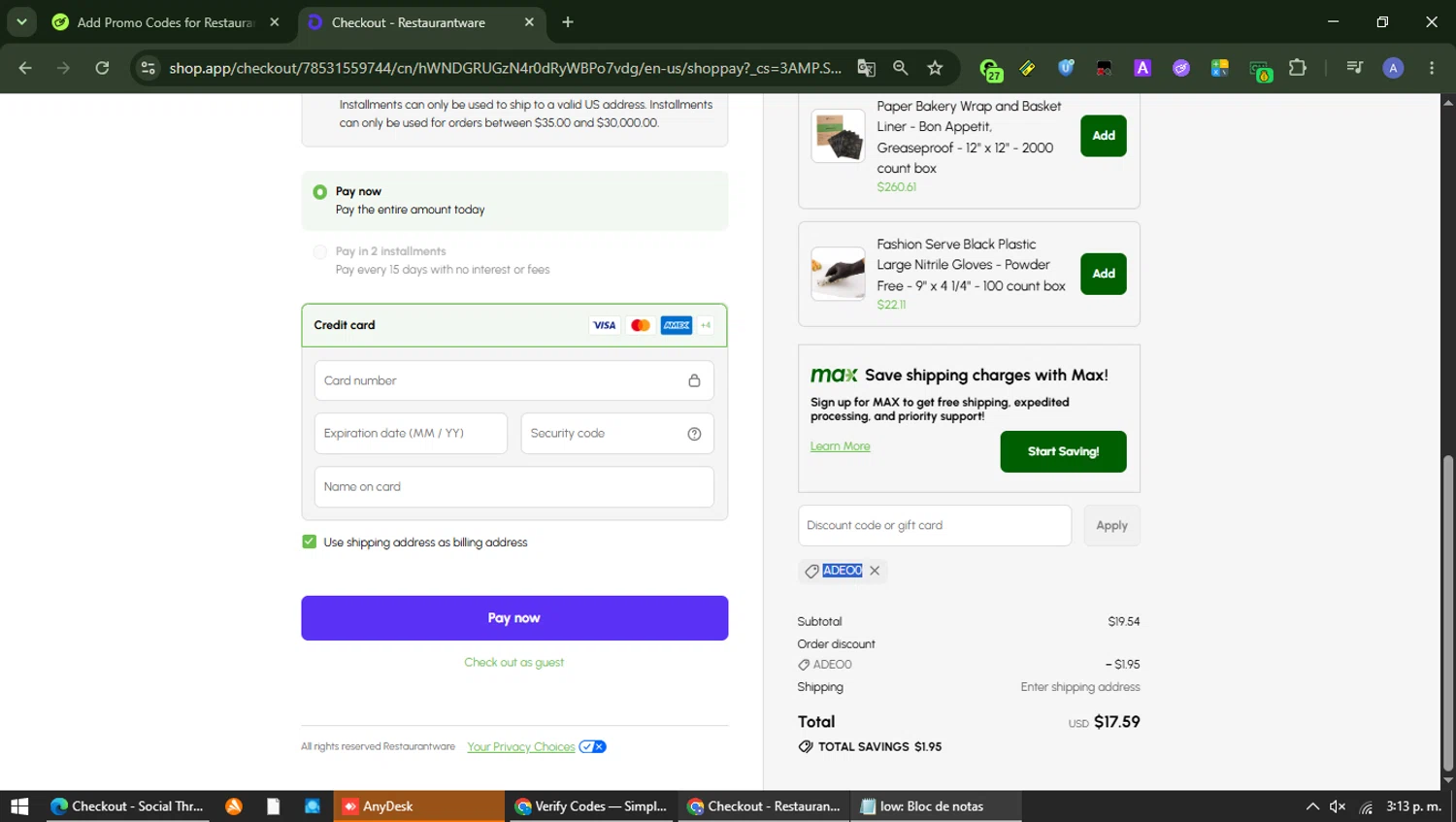 Restaurantware promo code screenshot showing code ADEO0 applied at Restaurantware checkout page. Uploaded by SimplyCodes community member Carolina23 on Jun 12, 2026