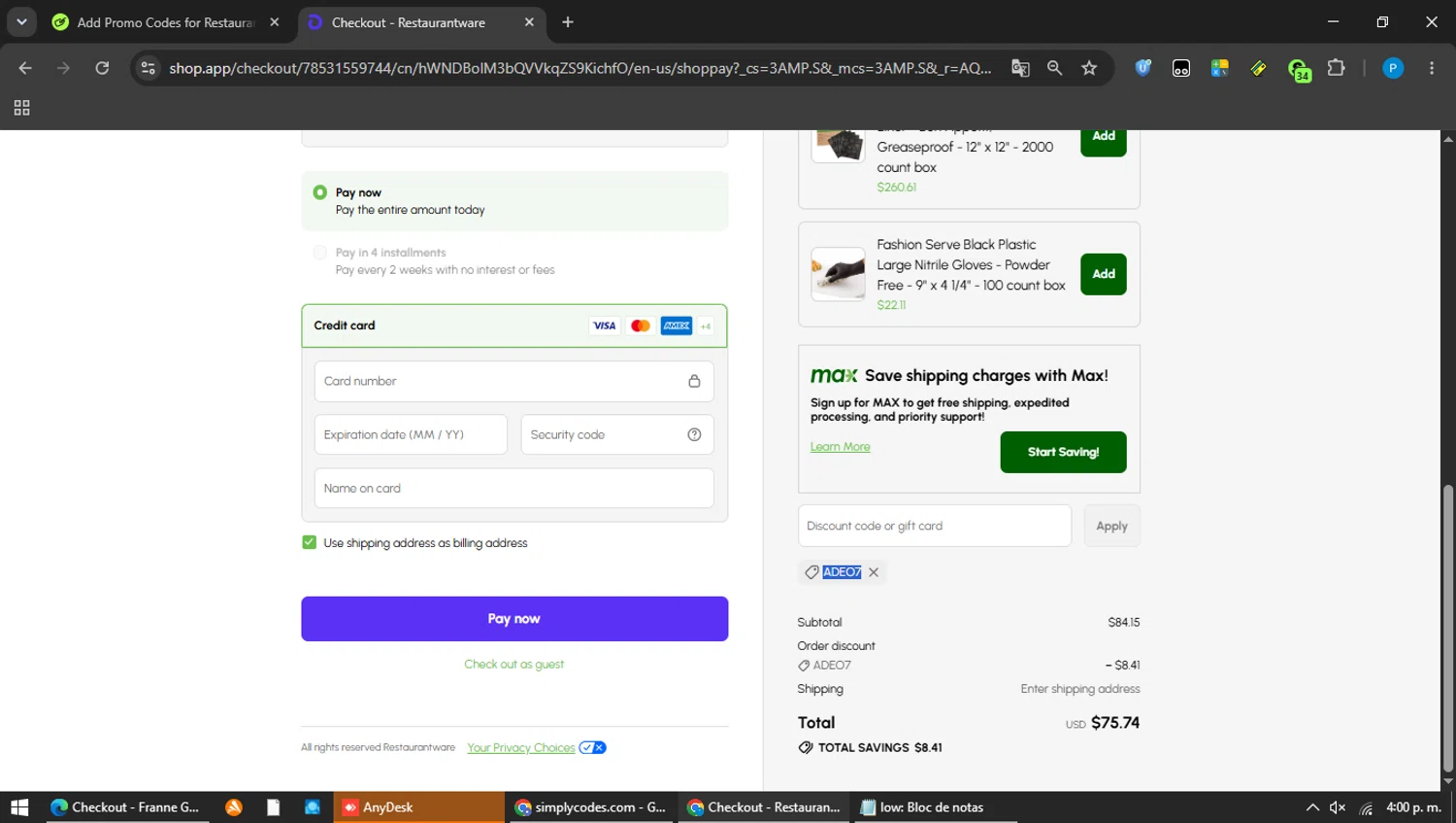 Restaurantware promo code screenshot showing code ADEO7 applied at Restaurantware checkout page. Uploaded by SimplyCodes community member MAVESA on Jun 10, 2026