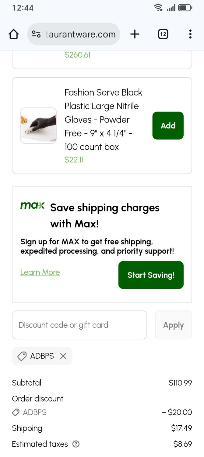 Restaurantware promo code screenshot showing code ADBPS applied at Restaurantware checkout page. Uploaded by SimplyCodes community member franksanchez on Jan 29, 2026