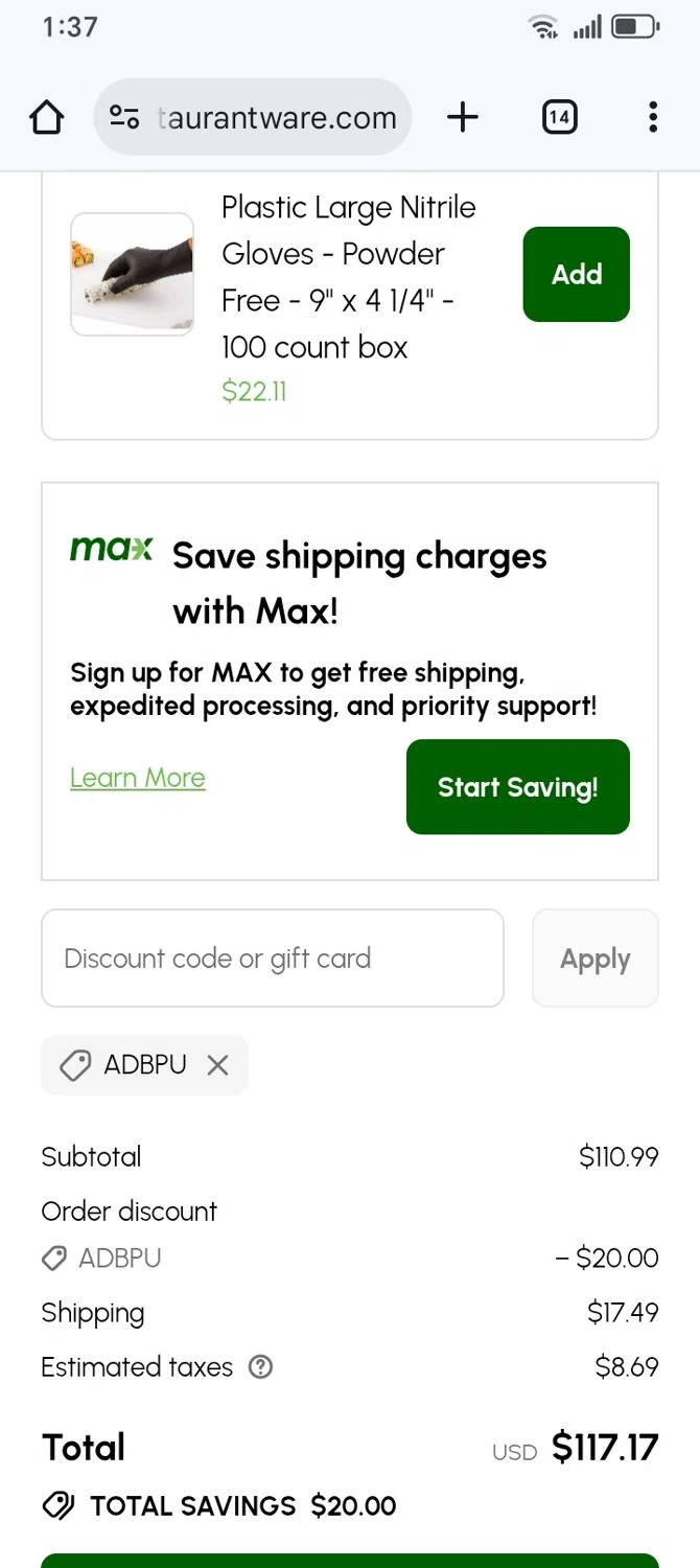 Restaurantware promo code screenshot showing code ADBPU applied at Restaurantware checkout page. Uploaded by SimplyCodes community member franksanchez on Jan 11, 2026