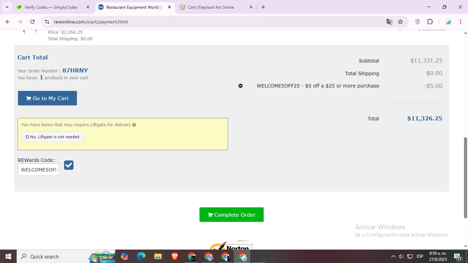 Restaurant Equipment World promo code screenshot showing code WELCOME5OFF25 applied at Restaurant Equipment World checkout page. Uploaded by SimplyCodes community member Estrellitacoairis on Aug 27, 2025