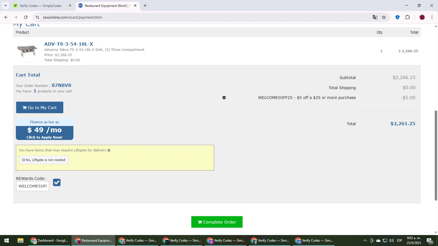 Restaurant Equipment World promo code screenshot showing code WELCOME5OFF25 applied at Restaurant Equipment World checkout page. Uploaded by SimplyCodes community member MightyLegend6657 on Sep 25, 2025