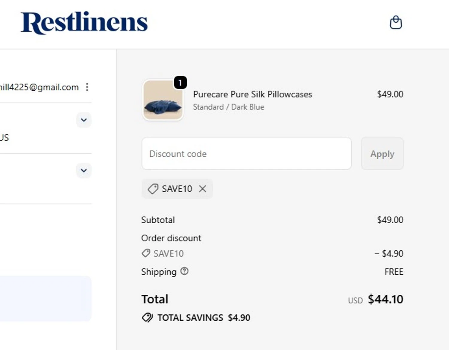 RestLinens promo code screenshot showing code SAVE10 applied at RestLinens checkout page. Uploaded by SimplyCodes community member Elcompa on Nov 25, 2025