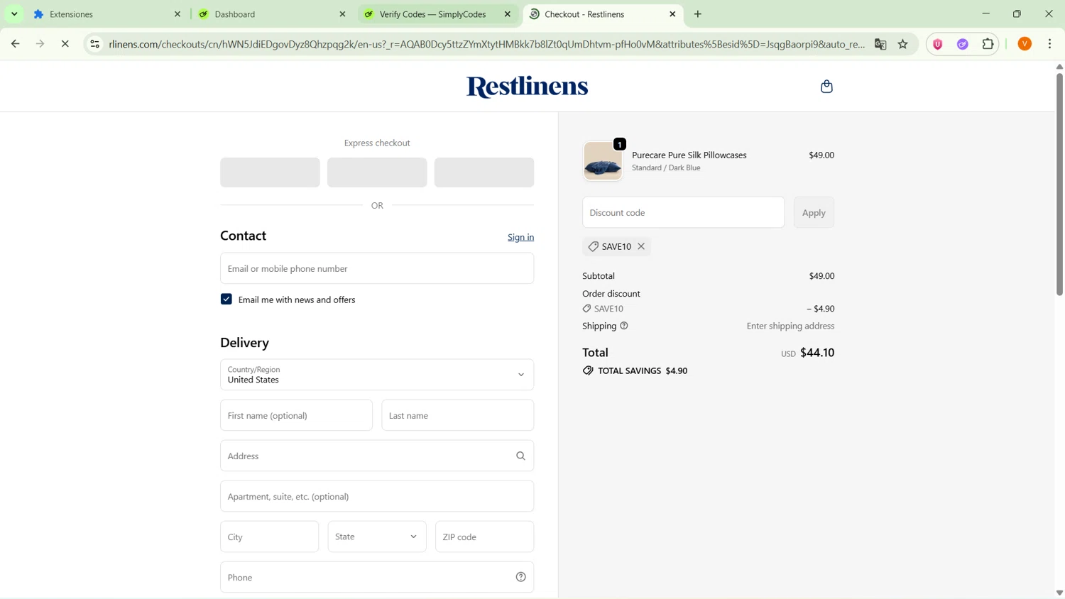 RestLinens promo code screenshot showing code SAVE10 applied at RestLinens checkout page. Uploaded by SimplyCodes community member GoldFox1696 on Nov 15, 2025