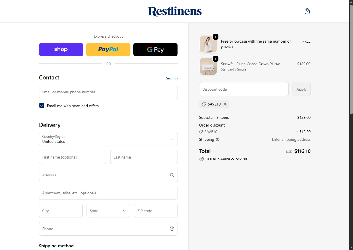 RestLinens promo code screenshot showing code SAVE10 applied at RestLinens checkout page. Uploaded by SimplyCodes community member GoldPhoenix3793 on Nov 20, 2025