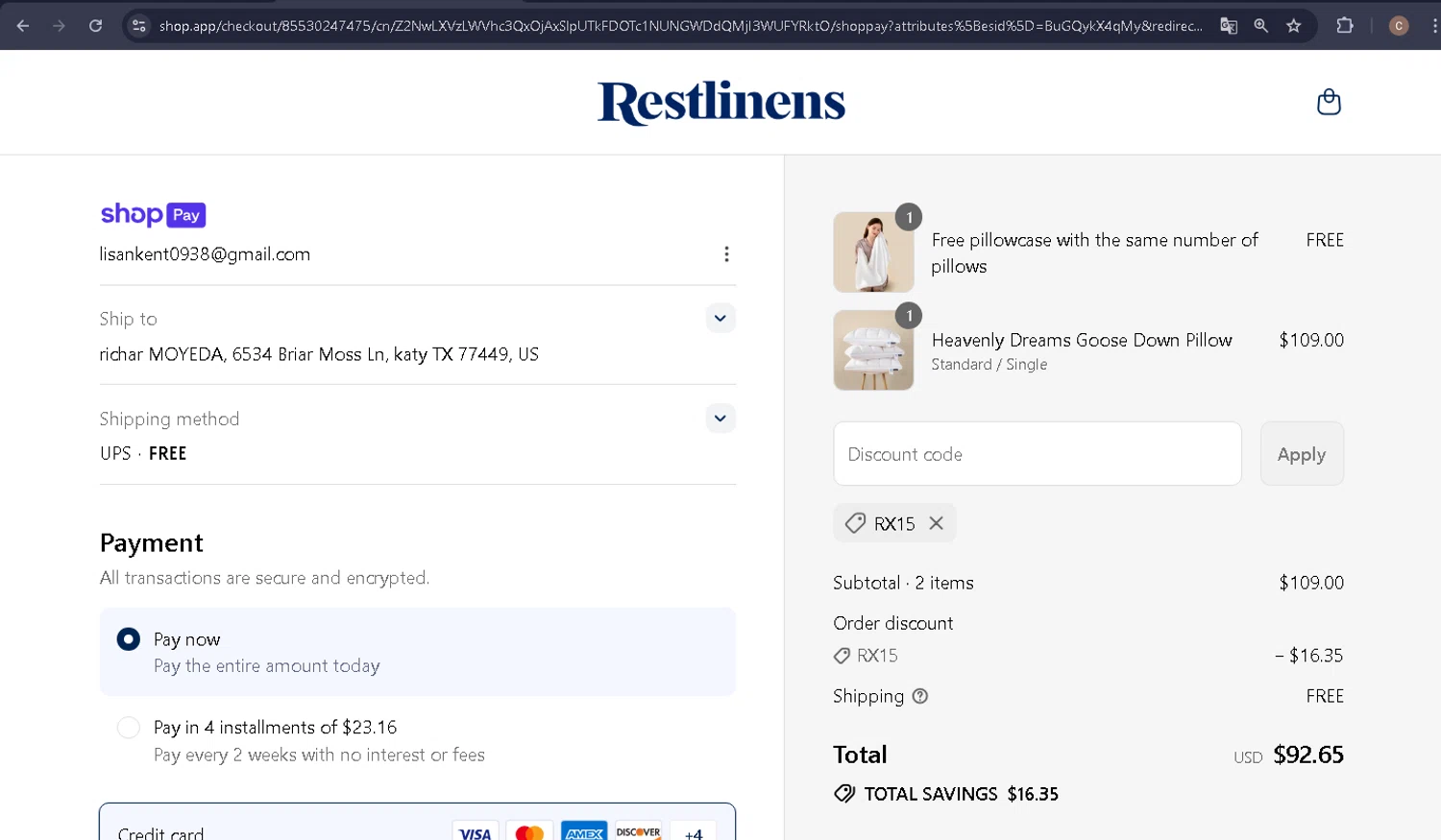 RestLinens promo code screenshot showing code RX15 applied at RestLinens checkout page. Uploaded by SimplyCodes community member carlosra07 on Jul 10, 2025