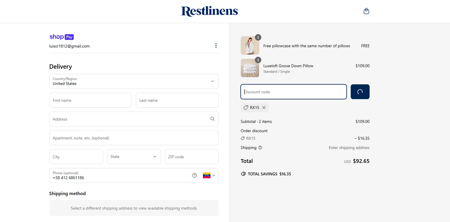 RestLinens promo code screenshot showing code RX15 applied at RestLinens checkout page. Uploaded by SimplyCodes community member MoneyVoyager8068 on Mar 27, 2025