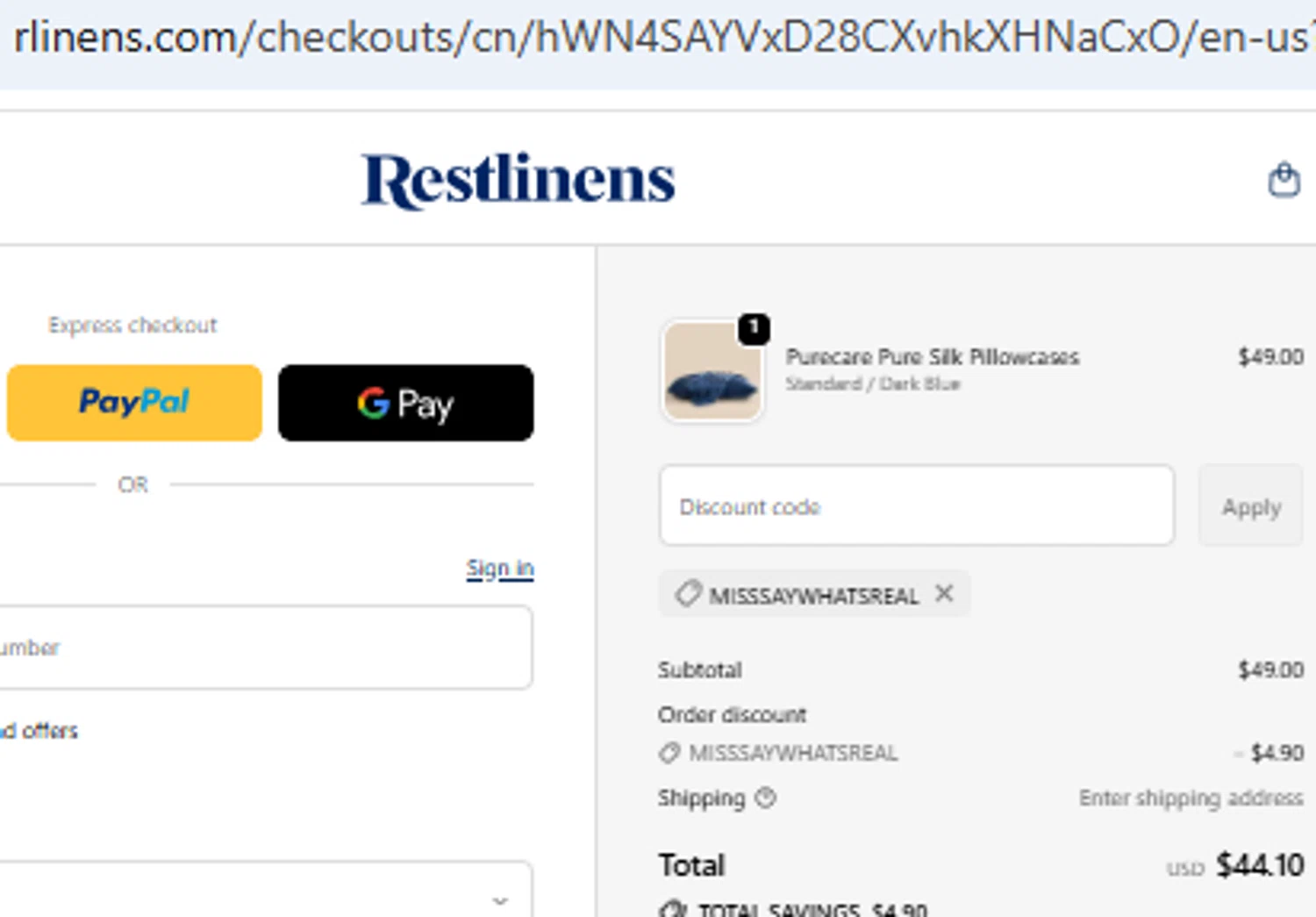 RestLinens promo code screenshot showing code MISSSAYWHATSREAL applied at RestLinens checkout page. Uploaded by SimplyCodes community member PennyOwl2559 on Oct 23, 2025