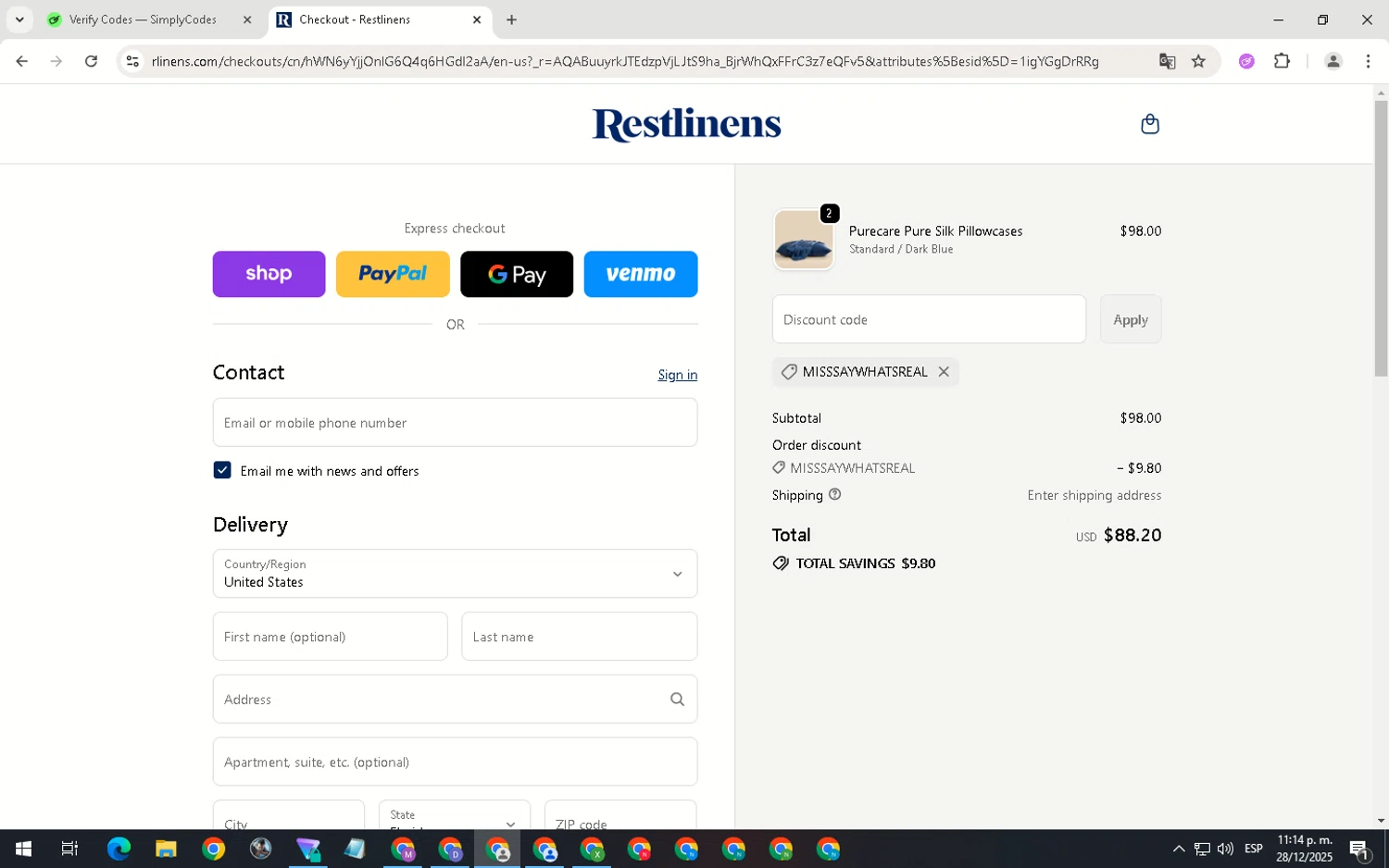 RestLinens promo code screenshot showing code MISSSAYWHATSREAL applied at RestLinens checkout page. Uploaded by SimplyCodes community member ScanNavigator5190 on Dec 29, 2025