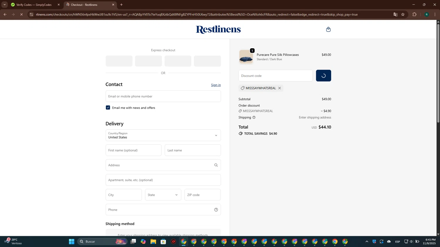 RestLinens promo code screenshot showing code MISSSAYWHATSREAL applied at RestLinens checkout page. Uploaded by SimplyCodes community member ScanPioneer7706 on Nov 9, 2025