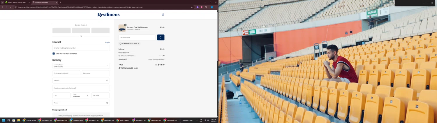 RestLinens promo code screenshot showing code RUXANDRANASTASE applied at RestLinens checkout page. Uploaded by SimplyCodes community member BargainGuardian280 on Aug 9, 2025