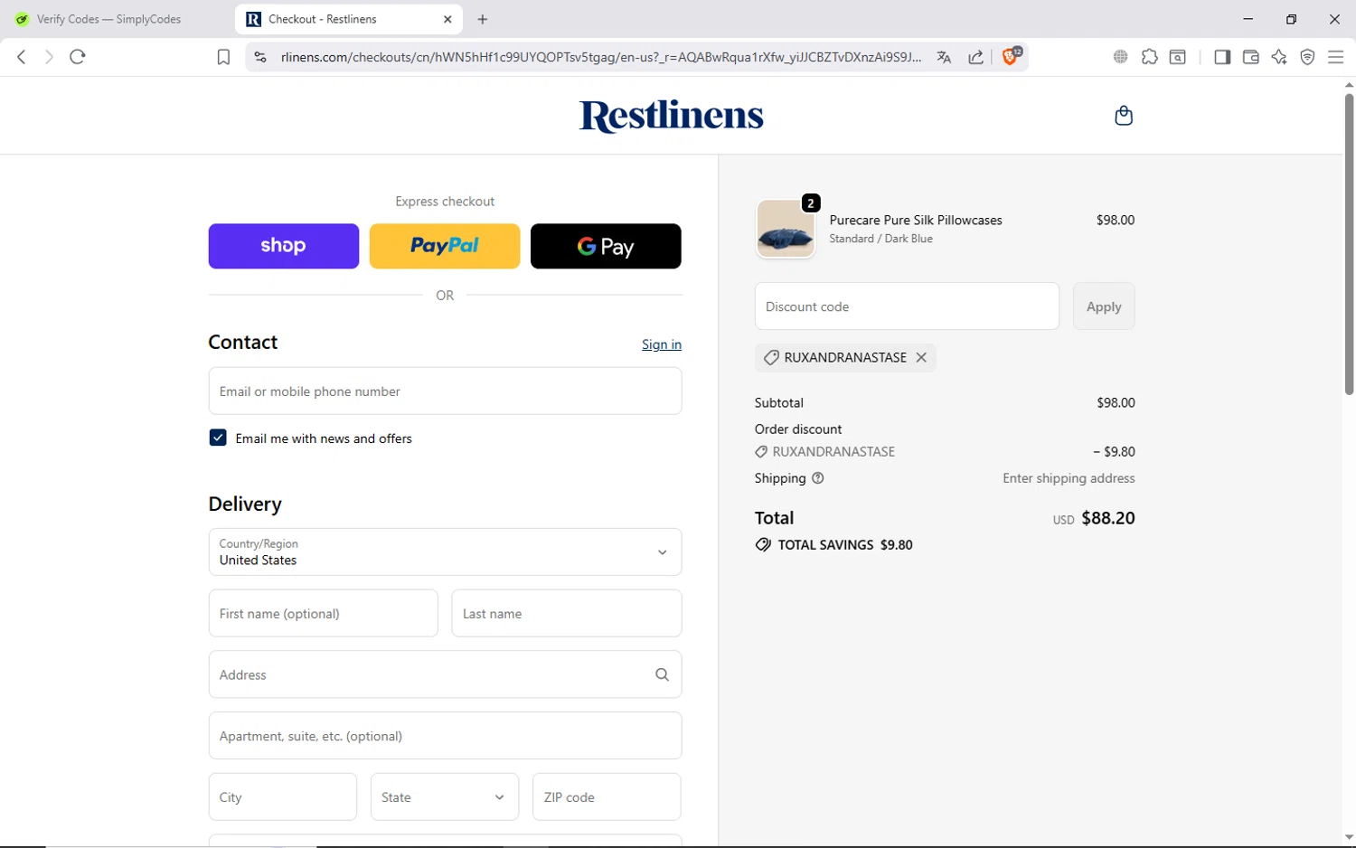 RestLinens promo code screenshot showing code RUXANDRANASTASE applied at RestLinens checkout page. Uploaded by SimplyCodes community member ShieldAdmiral6835 on Nov 25, 2025