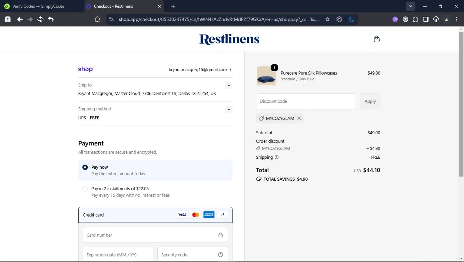 RestLinens promo code screenshot showing code MYCOZYGLAM applied at RestLinens checkout page. Uploaded by SimplyCodes community member LegendaryCollector6259 on Nov 3, 2025