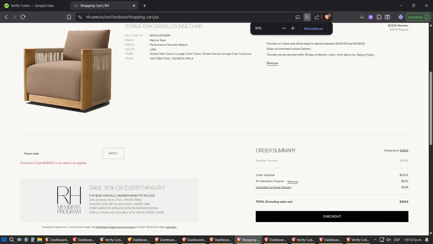 Restoration Hardware promo code screenshot showing code RHW610 applied at Restoration Hardware checkout page. Uploaded by SimplyCodes community member Amidamaru on Aug 23, 2025