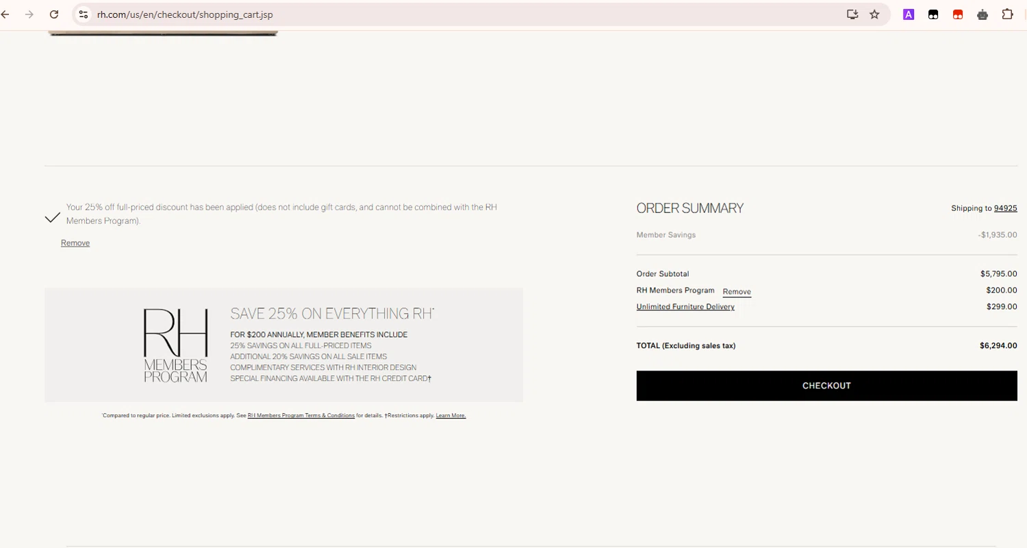 Restoration Hardware promo code screenshot showing code RHW610 applied at Restoration Hardware checkout page. Uploaded by SimplyCodes community member Samugl21 on Apr 7, 2025