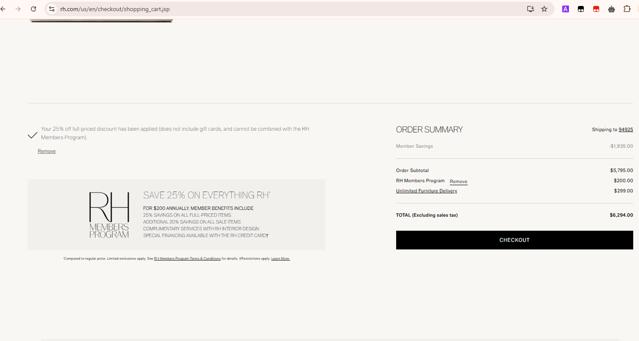 Restoration Hardware checkout page showing Restoration Hardware promo code box | Screenshot taken by SimplyCodes community member on Apr 7, 2025