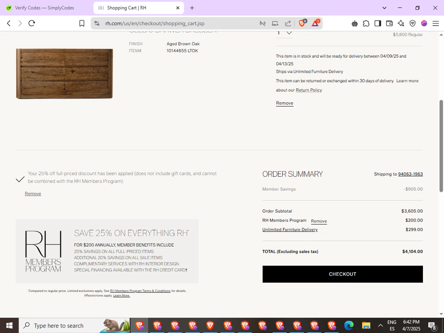Restoration Hardware promo code screenshot showing code RHW610 applied at Restoration Hardware checkout page. Uploaded by SimplyCodes community member ExtraordinaryGenius9135 on Apr 7, 2025