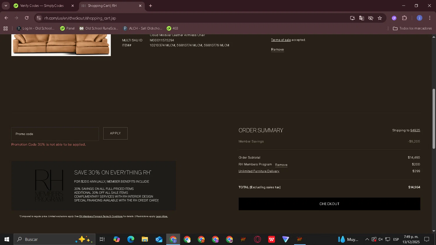 Restoration Hardware promo code screenshot showing code 30% applied at Restoration Hardware checkout page. Uploaded by SimplyCodes community member CouponOwl5049 on Dec 13, 2025
