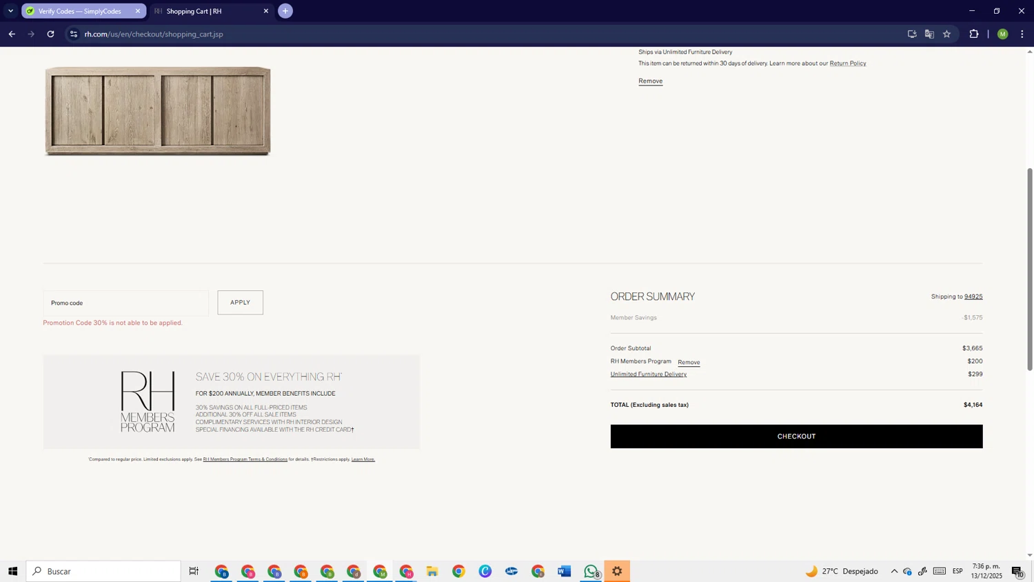 Restoration Hardware promo code screenshot showing code 30% applied at Restoration Hardware checkout page. Uploaded by SimplyCodes community member PrimeSage6924 on Dec 13, 2025