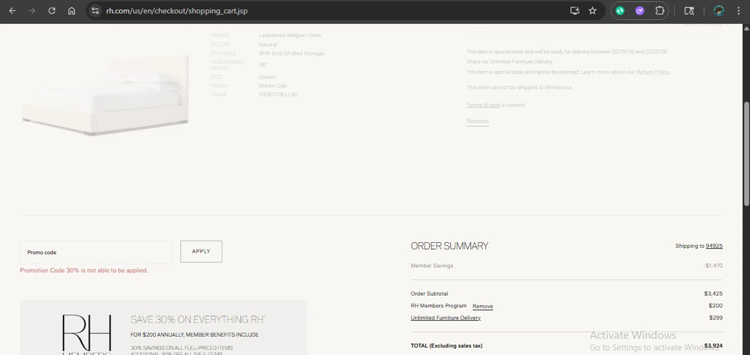 Restoration Hardware promo code screenshot showing code 30% applied at Restoration Hardware checkout page. Uploaded by SimplyCodes community member xAngel on Dec 14, 2025