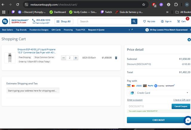 RestaurantSupply checkout page showing RestaurantSupply coupon code box | Screenshot taken by SimplyCodes community member on Jul 22, 2025